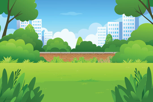 Cartoon cityscape with lush green trees and a brick wall