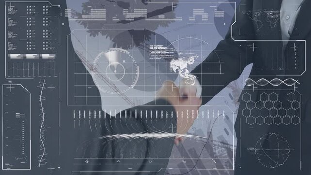Animation of data processing over building site and caucasian business people shaking hands