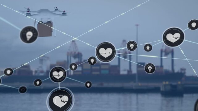 Animation of networks of connections and digital drone over container port