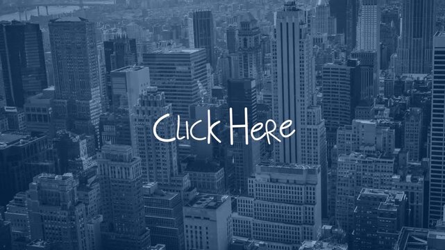 Animation of click here text with arrows over out of focus cityscape