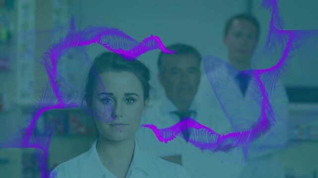 Animation of purple shapes over diverse scientists