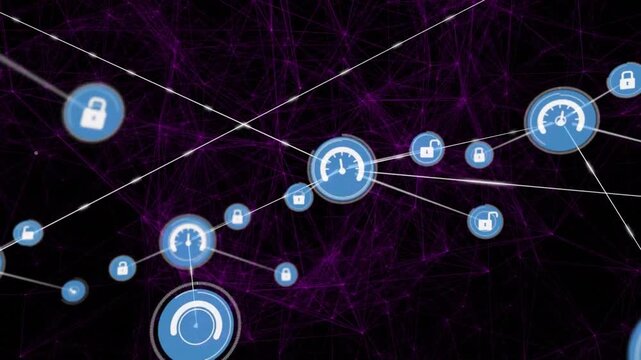 Animation of network of connections with icons over black background with constellations