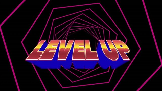 Animation of level up over pink hexagons rotating on black background