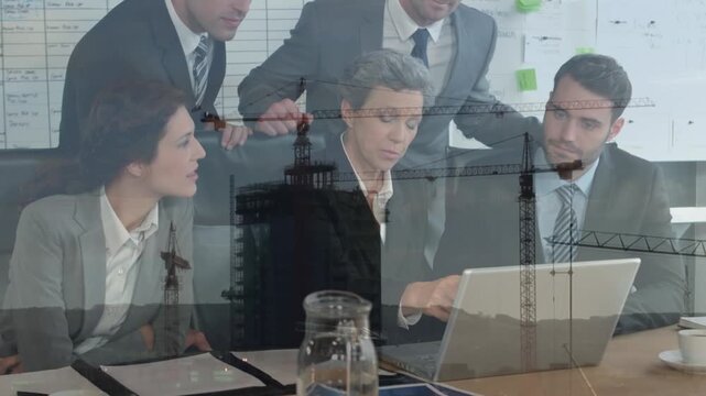 Animation of a construction site over a group of caucasian engineers