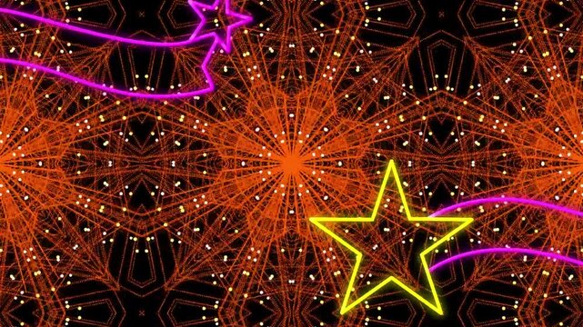 Animation of neon stars and kaleidoscopic shapes changing over black background