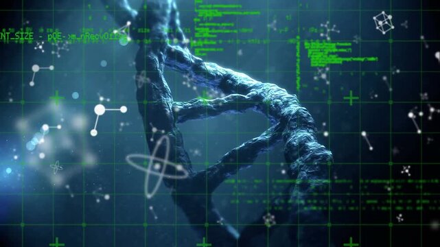 Animation of data processing over 3d dna strand spinning