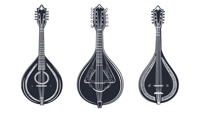 Three monochrome illustrations of mandolins in different designs. Each features a pear-shaped body