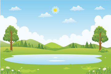 Fototapeta premium A peaceful landscape with a pond trees and a blue sky