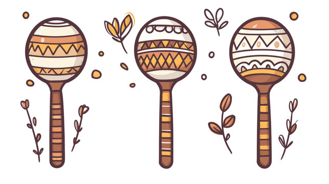 Illustration of three decorative maracas, each with a unique design and floral accents