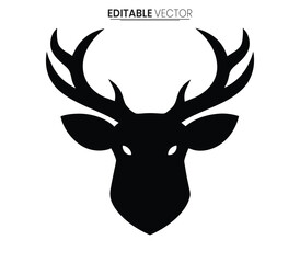 Naklejka premium Minimalist black vector illustration of a deer head with large antlers silhouette