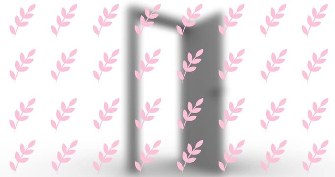 Animation of falling pink leaves over open door