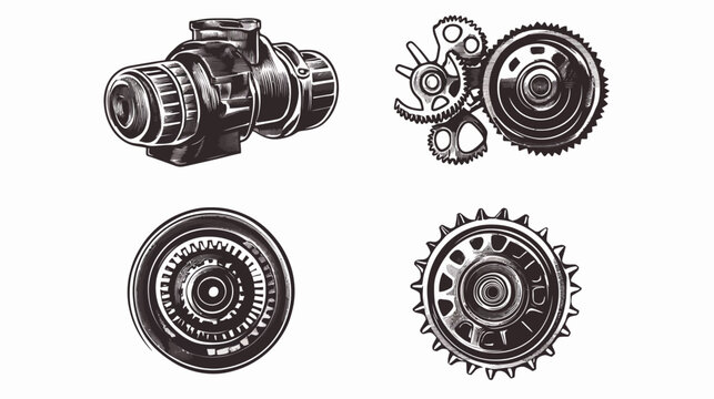 Black and white illustration of mechanical components including gears, wheels, and a cylindrical part