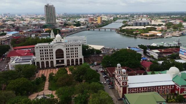 aerial drone of the Iloilo River Esplanade and its unique landscape design. Iloilo City, Panay Island, Philippines