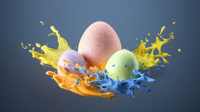Ostereier fliegen durch bunte Farbspritzer in Gelb und Blau vor grauem Hintergrund