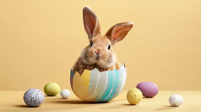 S&uuml;&szlig;er Osterhase in Eierhalter mit bunten Ostereiern auf beigem Hintergrund