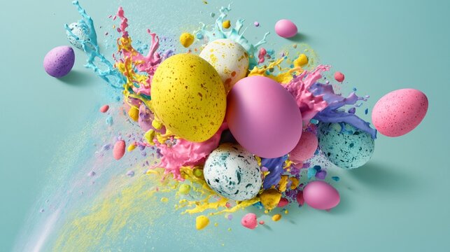 Farbenfrohe Ostereier mit orange und blauer Pulverexplosion auf wei&szlig;em Hintergrund