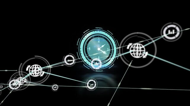 Animation of network of connections with icons over moving clock on black background