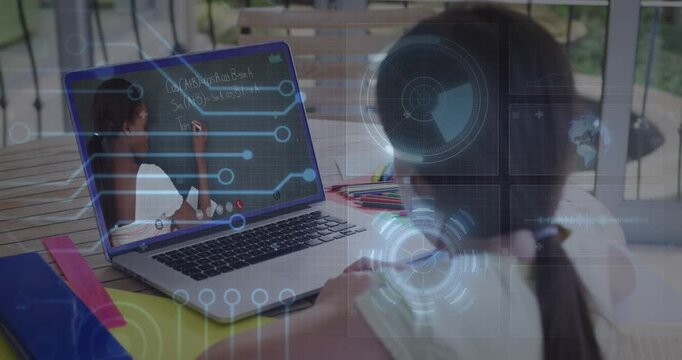 Animation of round scanner and microprocessor connections against girl having a video call on laptop
