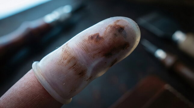 Close up of a person's finger wearing a translucent rubber finger cot stained with dark dye in a workshop setting