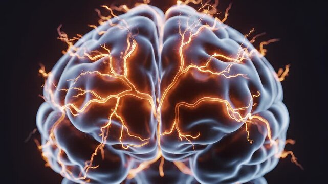 A detailed 3D illustration of a human brain with highlighted areas, showcasing neurological activity and intricate details from a frontal viewpoint.