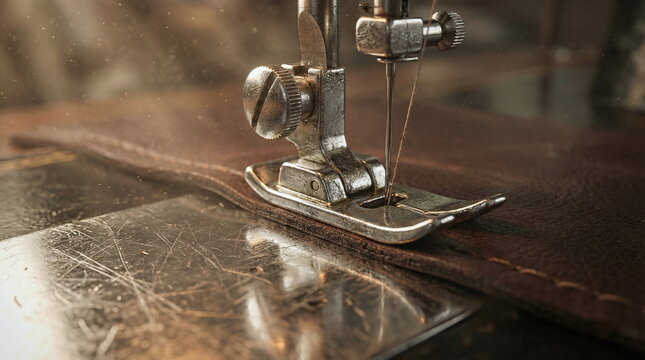 Close up of a sewing machine presser foot and needle stitching through genuine dark brown leather