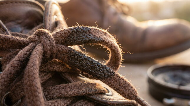 Close up of brown fabric shoelaces tied in a knot on a leather boot with a tin of shoe polish in the blurred background