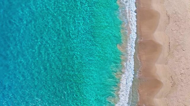 Rincon Beach is a well-known tourist destination on Samana Island. Aerial view from a flying drone. A sandy beach with turquoise waves. A tranquil Caribbean beach. Waves lapping the blue ocean lagoon.