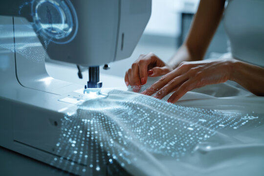 A skilled artisan uses a sewing machine, with a glowing digital projection illustrating fabric patterns, embodying the fusion of technology and craftsmanship in fashion design.