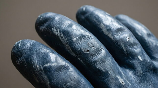 Close up of worker hands wearing protective blue nitrile gloves with visible wear and scratches