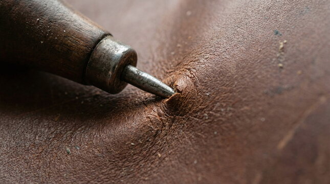 Close-up of a metal awl piercing a piece of genuine brown leather