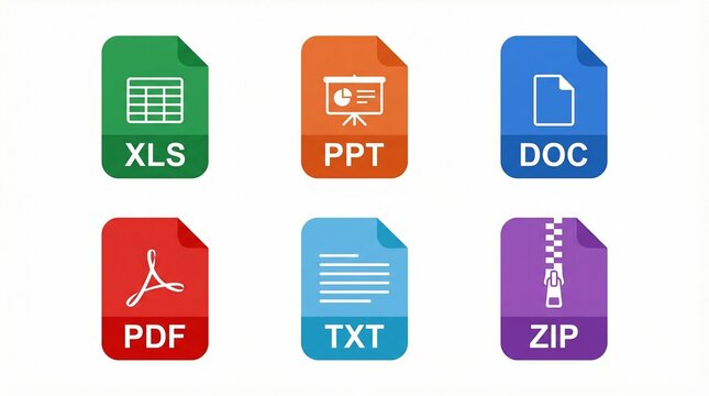 Color‑coded file type icons labeled XLS, PPT, DOC, PDF, TXT, ZIP, symbolizing digital formats and document organization.