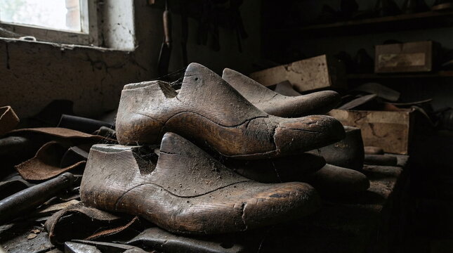 Old dusty wooden shoe lasts stacked in a dark vintage shoemaker workshop with tools and leather scraps on the workbench