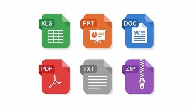 Color‑coded file type icons labeled XLS, PPT, DOC, PDF, TXT, ZIP, symbolizing digital formats and document organization.