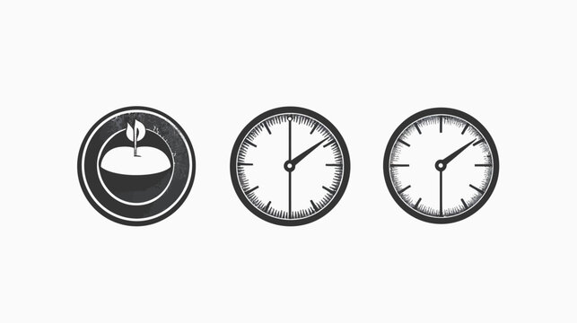 A circular icon featuring a sprout in a bowl, plus two clock icons with differing times