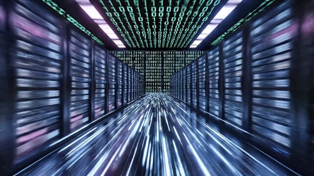 A dynamic perspective showcases a vast server room filled with rows of racks, illuminated by streaks of binary code, conveying a sense of technological power and data flow.