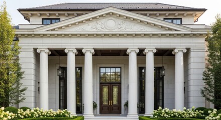 Fototapeta premium A grand, neoclassical mansion with a symmetrical facade, featuring a central portico supported by six columns and a pediment above.
