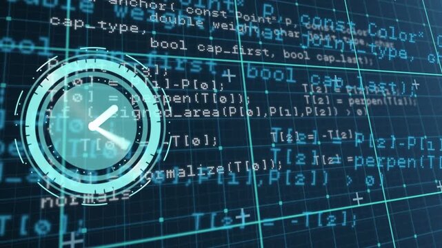 Animation of illuminated digital clock with periodic motion over computer programming language