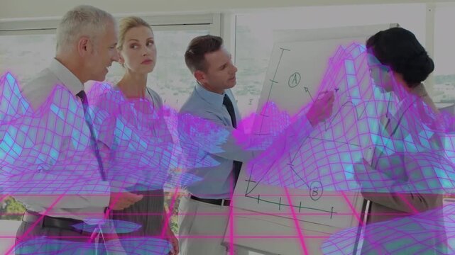 Animation of metaverse landscape over diverse businesspeople in office