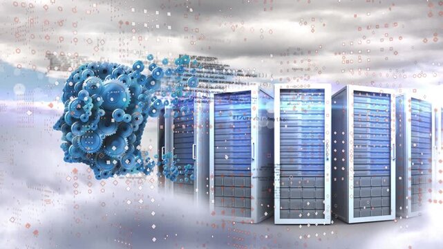Animation of red unk connections over data processing and server against cityscape