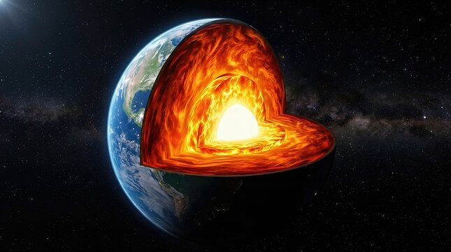 Earth planet, cutaway section revealing internal structure, glowing molten core, hot magma mantle layer, solid outer crust, deep geology, planetary science concept, cosmic starry background.