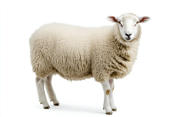 Fototapeta premium White woolly sheep standing isolated on a white background