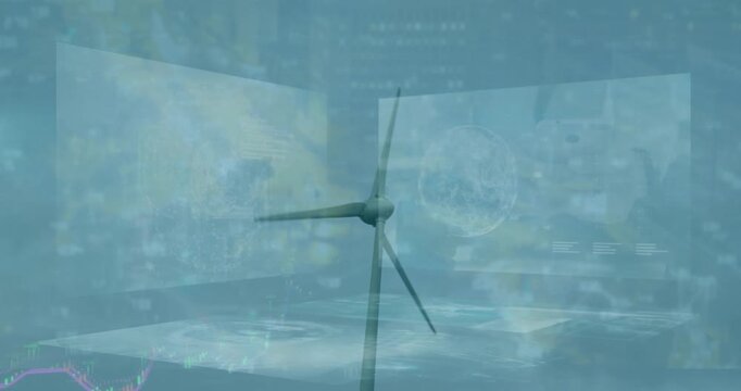 Animation of graph with numbers and globes against rotating windmill against clear sky