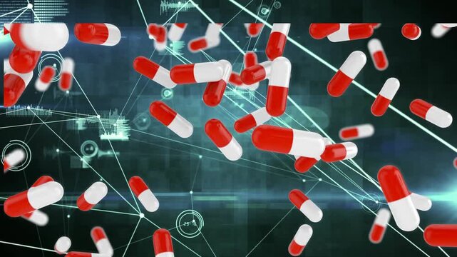 Animation of network of connections with icons over pills