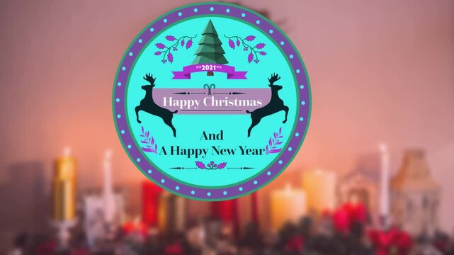 Animation of christmas greeting text on tag over christmas decorations