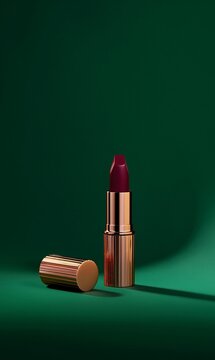 Dunkelroter Lippenstift in goldener H&uuml;lle vor tiefgr&uuml;nem Hintergrund