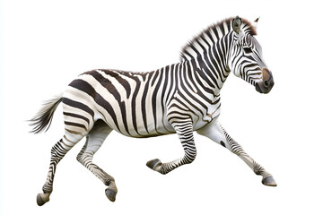 Obraz premium Striped zebra running in profile isolated on a white background