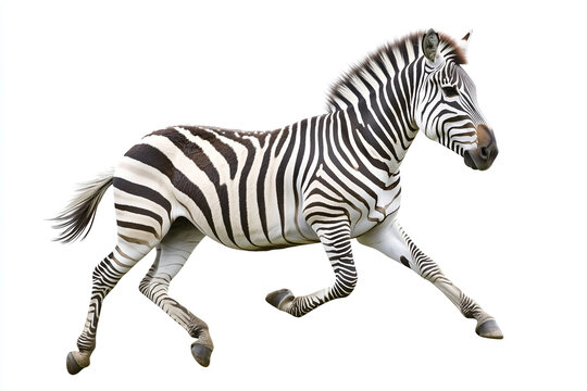 Striped zebra running in profile isolated on a white background