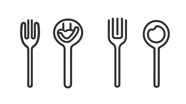 Four black-outlined utensil icons two forks and two spoons with different stylized designs on white background