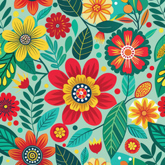 Vibrant floral pattern with colorful blossoms and lush green leaves © MAYENUDDIN