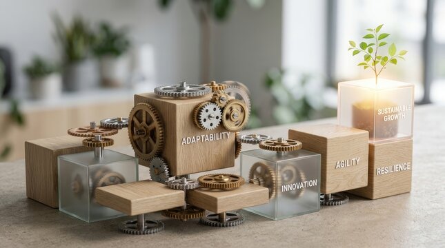 Staying adaptable sustainable growth risk management concept. Innovative workspace with gears and plant symbolizing growth.